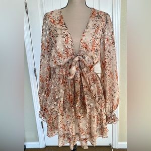 Vici Floral Tie Front Long Sleeve Ruffle Hem Dress M